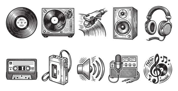 A collection of retro audio equipment and music symbols, rendered in a detailed black and white engraving style, perfect for nostalgic projects.