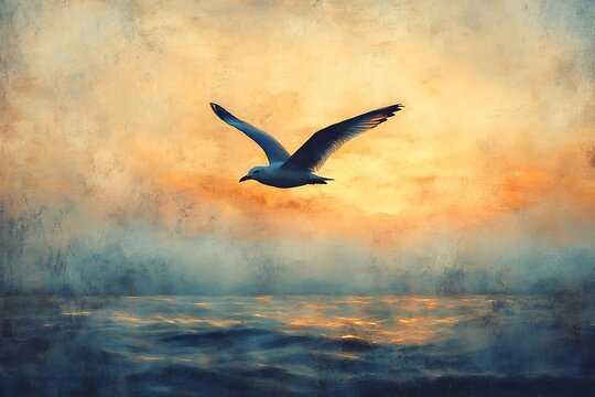Seagull in flight over ocean waves, digital painting, impressionistic style, warm sunset colors, textured brushstrokes