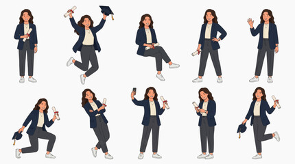 Obraz premium A set of illustrations showing a graduating student in different poses and actions with the cap and diploma