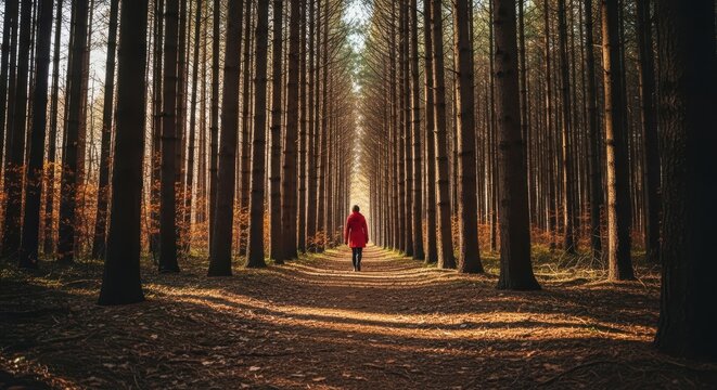 Person in red coat walking down a path in a sunlit forest