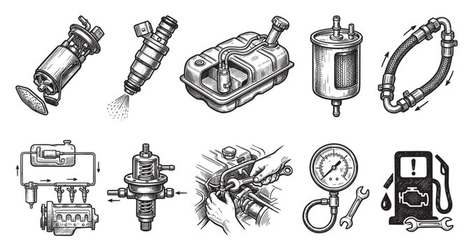 This vintage-style illustration showcases various car fuel system components and mechanical illustrations, ideal for automotive repair and technical diagrams.