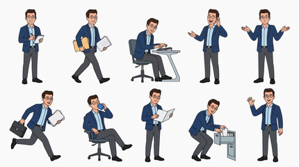 Obraz premium A collection of various poses of a professional gentleman in his work activities. Featuring a professional character posing in different scenarios.