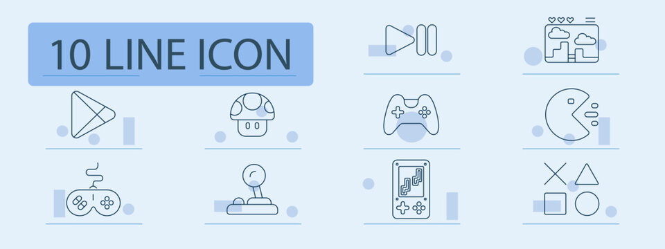 Gaming set icon. Play, mushroom, gamepad, pacman, joystick, console, shapes, arcade, controller, entertainment, digital, fun, player, leisure, hobby, screen