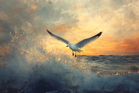 Seagull in flight over turbulent ocean waves, painted in an impressionistic style with golden light