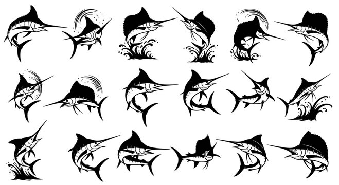 Sailfish Silhouette Collection: Dynamic Ocean Marine Life Illustrations