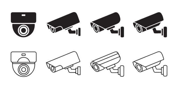 Security camera graphics pack with solid and outline versions for residential and industrial safety.