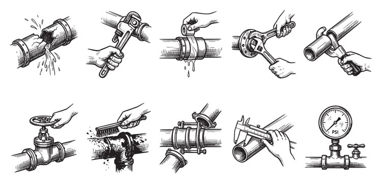 Collection of line art illustrations depicting various plumbing pipe tasks including repair, measurement, cleaning, and pressure monitoring, ideal for technical or instructional content.