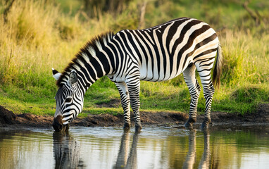 Fototapeta premium A striking zebra bends to drink from a tranquil waterhole, its bold black and white stripes reflected in the water's surface amidst the golden savanna grasses