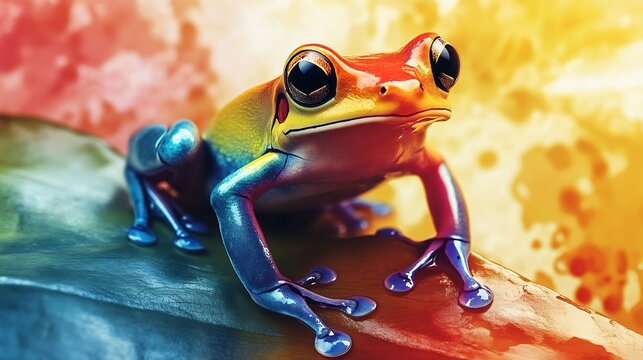 Vibrant amphibian with iridescent skin resting on textured surface, colorful digital art illustration