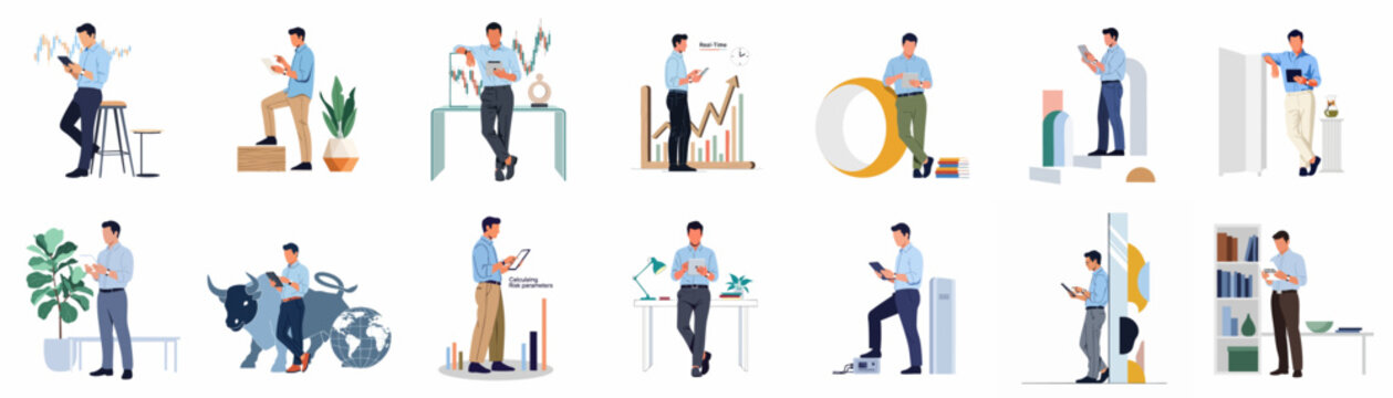 Set of 14 flat illustrations of a professional man analyzing financial data, stock market charts, and global trends on a digital tablet.