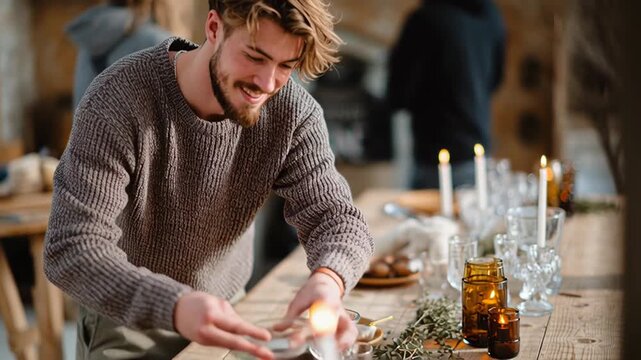 Young man arranging candles on rustic table during cozy gathering event