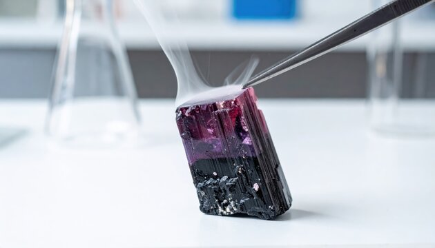 A dark purplish black crystalline solid iodine element undergoing sublimation in a scientific laboratory experiment