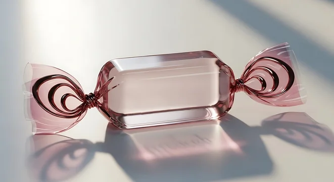 A single piece of rectangular hard candy wrapped in shiny silver foil with pink twisted ends. illustration