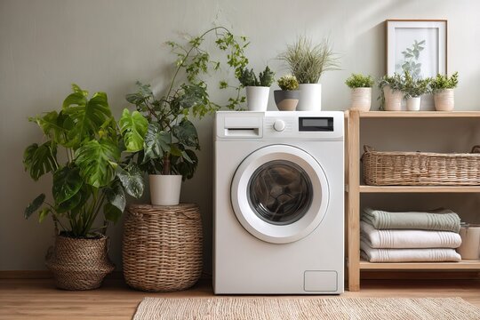 A bright laundry room features a washing machine next to plants in pots and baskets. Wooden shelves hold neatly folded towels and additional plants in small containers