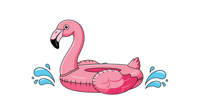 Bright pink flamingo pool float splashing in blue water waves with small drops isolated on a plain and clean white background.