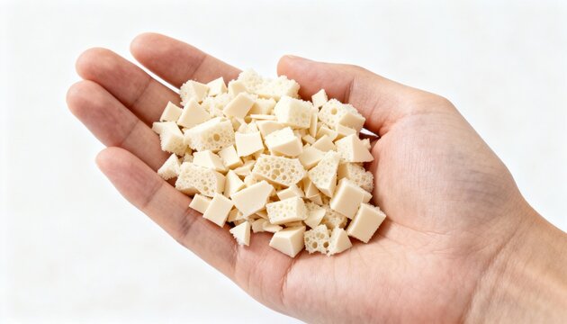 shredded latex foam pillow filler held in female palm on a bright seamless white background