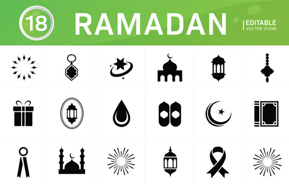 Ramadan icons set islam religious holiday symbols editable vector.