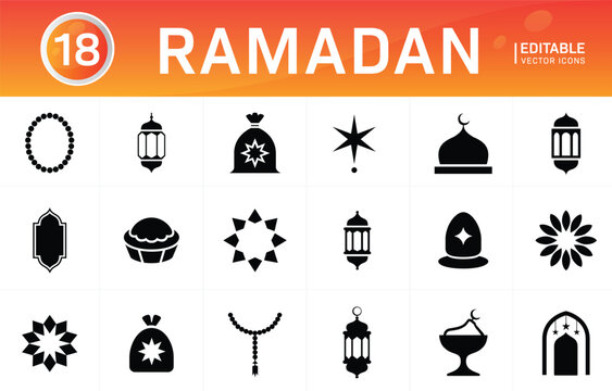 Ramadan icons set islam religious holiday symbols editable vector.
