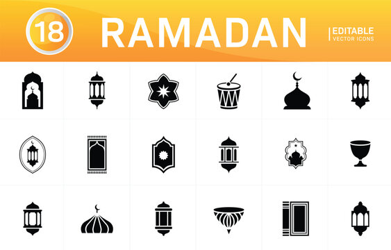 Ramadan icons set islam religious holiday symbols editable vector.