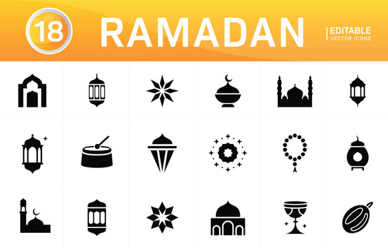 Ramadan icons set islam religious holiday symbols editable vector.
