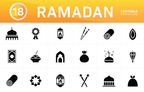 Ramadan icons set islam religious holiday symbols editable vector.