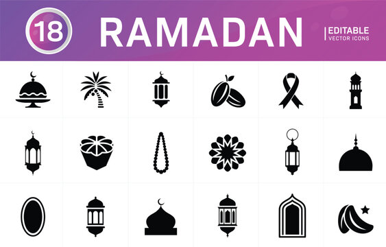 Ramadan icons set islam religious holiday symbols editable vector.