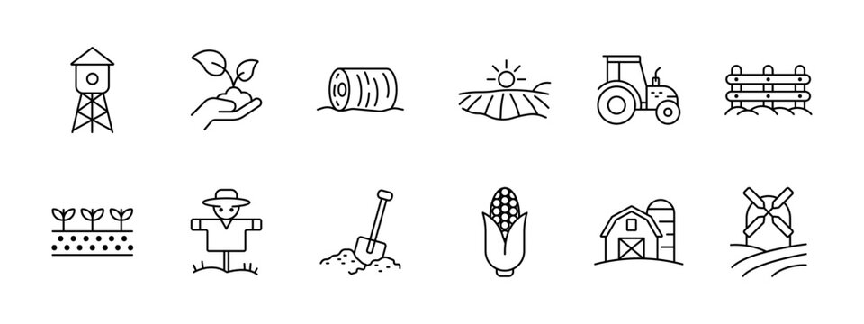 Agriculture set icon. Collection with water tower, hand plant, hay bale, sunrise field, tractor, bench, seedlings, scarecrow, shovel soil, corn cob, barn silo, windmill.