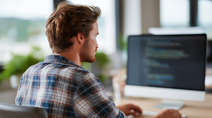 Fototapeta premium Faceless back view of a young engineer sitting at a bright desk in a modern office writing software code on a large monitor, defocused workspace, programming career, blockchain development, with