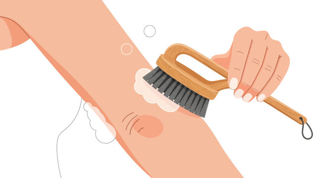 Close-up of a hand scrubbing dry skin on an arm with a natural bristle brush and soap