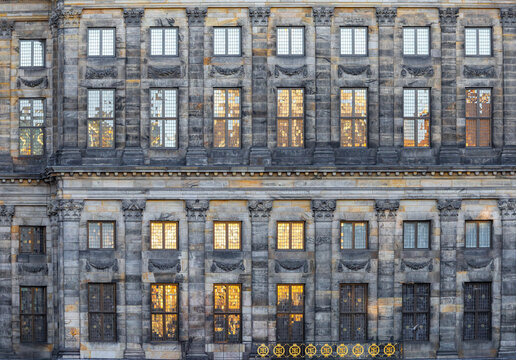 Royal Palace of Amsterdam (Koninklijk Paleis) Facade on Dam Square, Netherlands