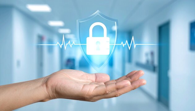 Hand touching digital padlock interface symbolizing healthcare data security