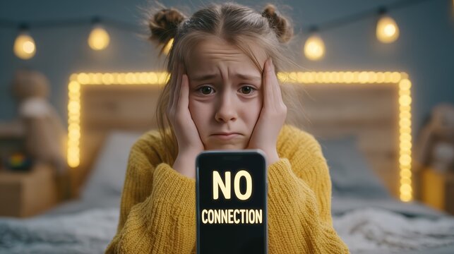 A teenage girl with a phone marked no connection. A teenage white girl is sitting on the bed, holding a smartphone with a message about the lack of communication, the interior of the bedroom.