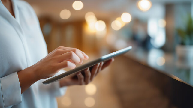 Faceless midsection of a hospitality manager using a bright tablet interface in a modern hotel lobby, defocused reception area, technology implementation, customer service innovation, digital