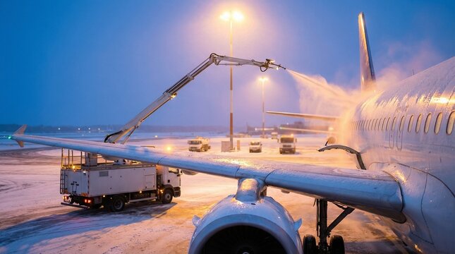 Airplane on snowy airport apron at night, deicing truck sprays fluid over wing and fuselage, scene feels cold and operational with travel safety focus