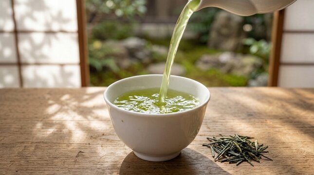 Pouring fresh shincha green tea into a ceramic cup with scattered leaves.