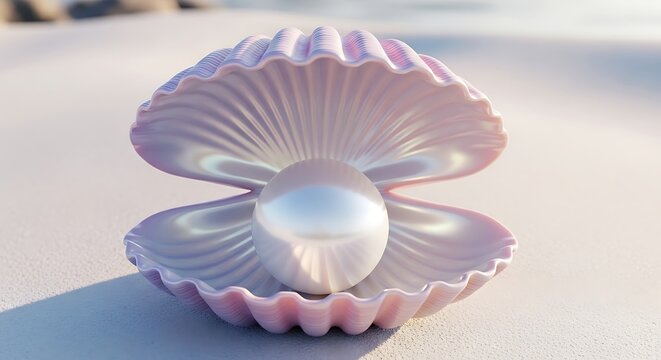 A single lustrous white pearl resting inside an open pink seashell on a soft textured background illustration