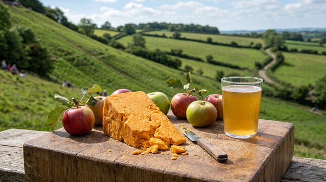 Double Gloucester cheese wedge with fresh apples and cider in English countryside