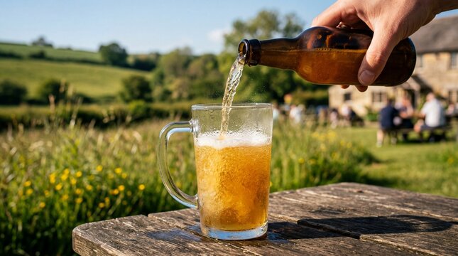 Pouring fresh apple cider into a cold glass at a rustic English country pub
