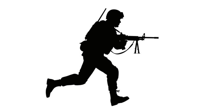Silhouette of a soldier running with a rifle, military action, white background