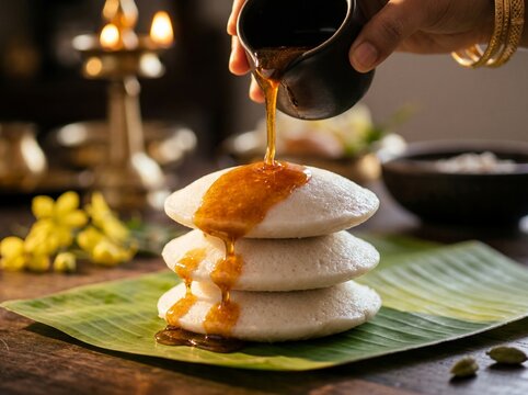 Pouring sweet jaggery syrup over stacked Vishu Katta on a green banana leaf