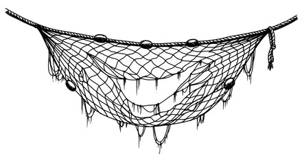 Fishing Net with Floats, Hanging on Rope, Isolated on White Background, Nautical Gear © Pensil
