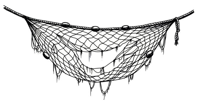 Fishing Net with Floats, Hanging on Rope, Isolated on White Background, Nautical Gear