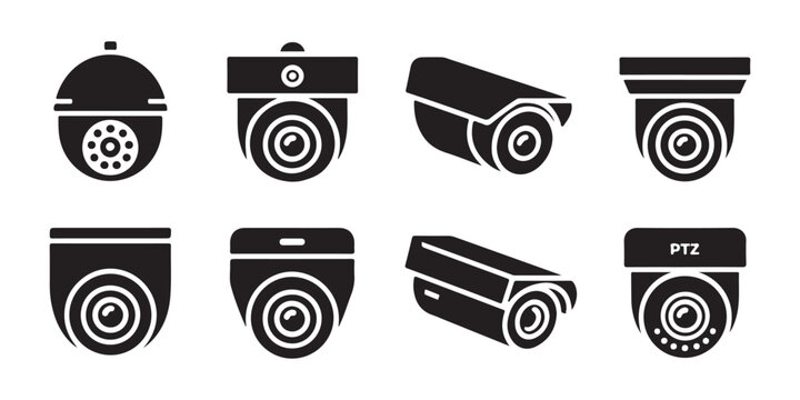Security monitoring camera collection including bullet dome and ptz surveillance equipment system silhouettes.