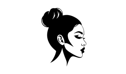 Stylized woman profile portrait with top knot bun black and white vector art © MD