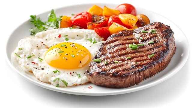 Grilled steak and egg breakfast isolated on the white background 