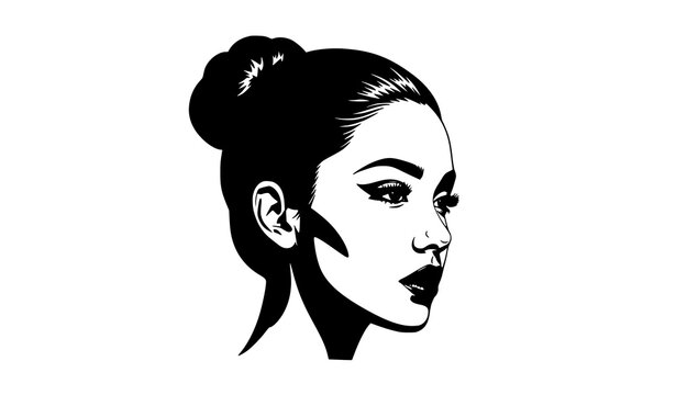 Elegant woman profile silhouette with top knot bun black and white vector portrait