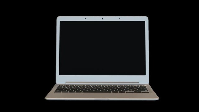 laptop in movimento, apertura, su sfondo trasparente, rendering 3d