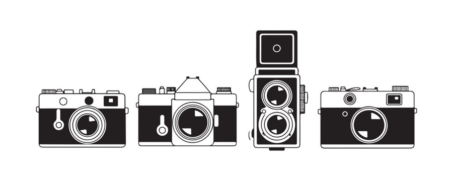 Retro camera collection with vintage rangefinder slr and tlr photographic equipment on transparent background.