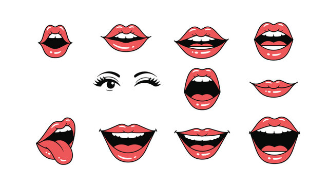 Collection of expressive female lips in various poses including smiling, laughing, and pouting alongside a pair of winking eyes.
