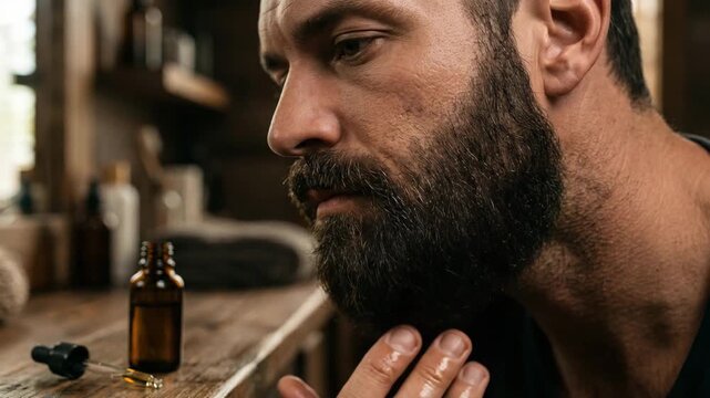 Man applying beard oil, grooming routine at home, close-up of male caring for facial hair, natural skincare and barber style concept